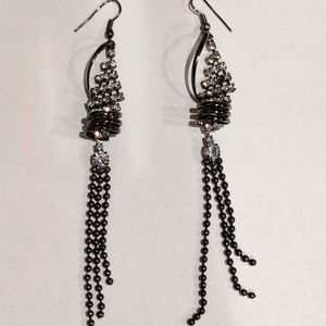 Rhinestone and gunmetal long chain tassel earrings